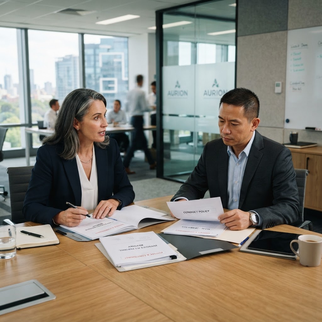 Professional Australian HR managers conducting formal disciplinary meeting discussing racist comments and dismissal process with procedural fairness checklist