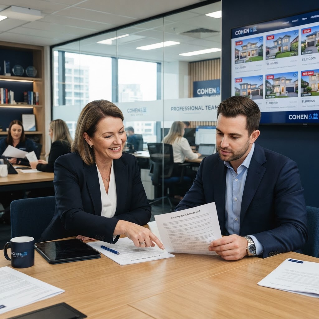 Australian real estate agency principal reviewing employment contracts
