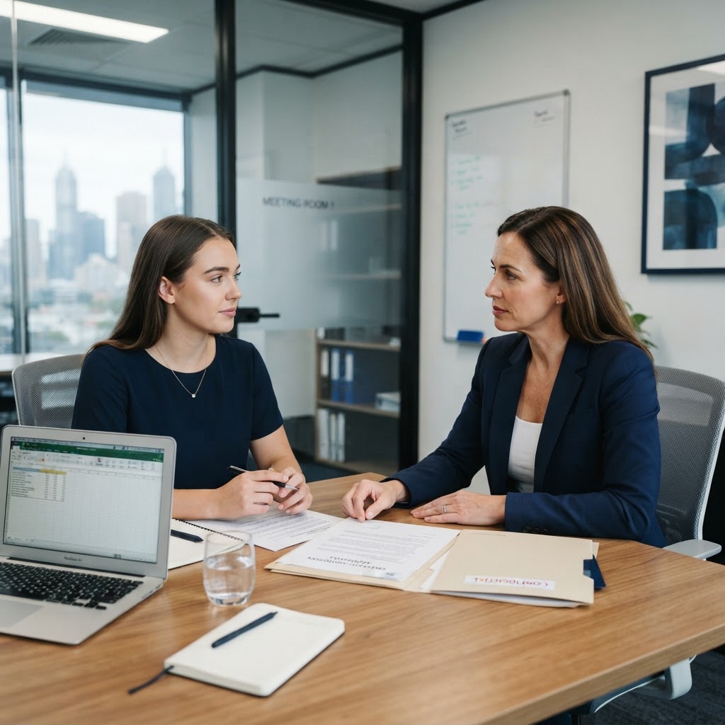 Australian employer discussing a redundancy with an employee in a private office meeting