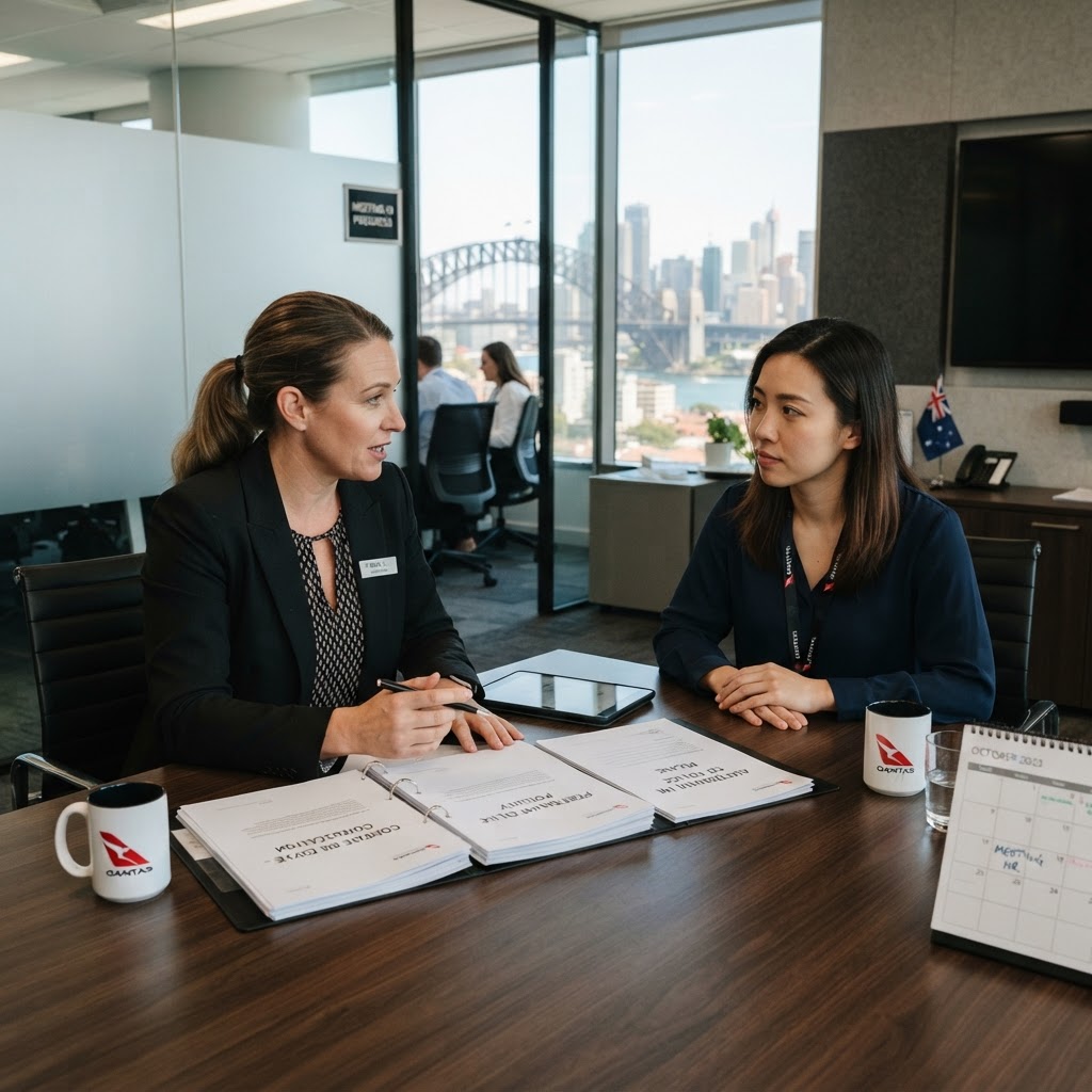 Redundancy consultation failure: HR manager and employee in formal meeting at conference table discussing redundancy and alternatives