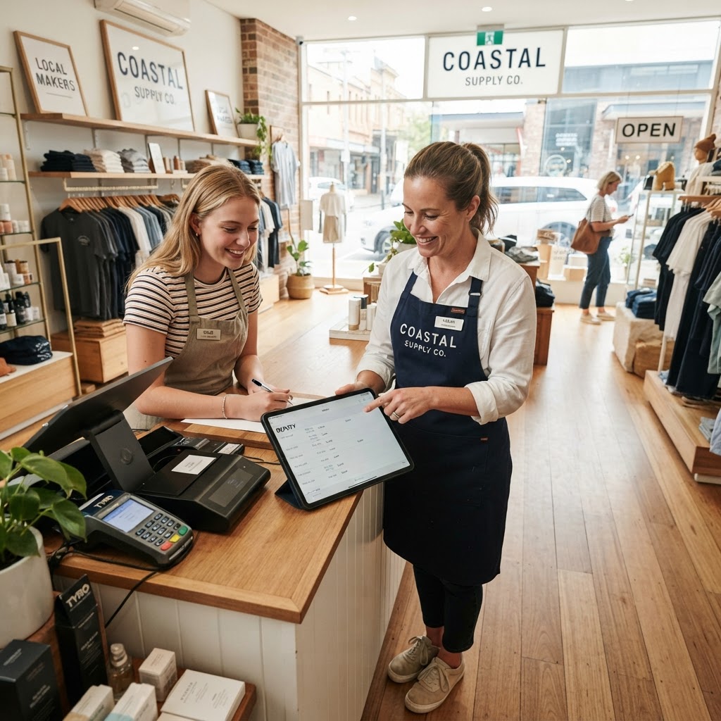 Australian retail store manager training a casual staff member