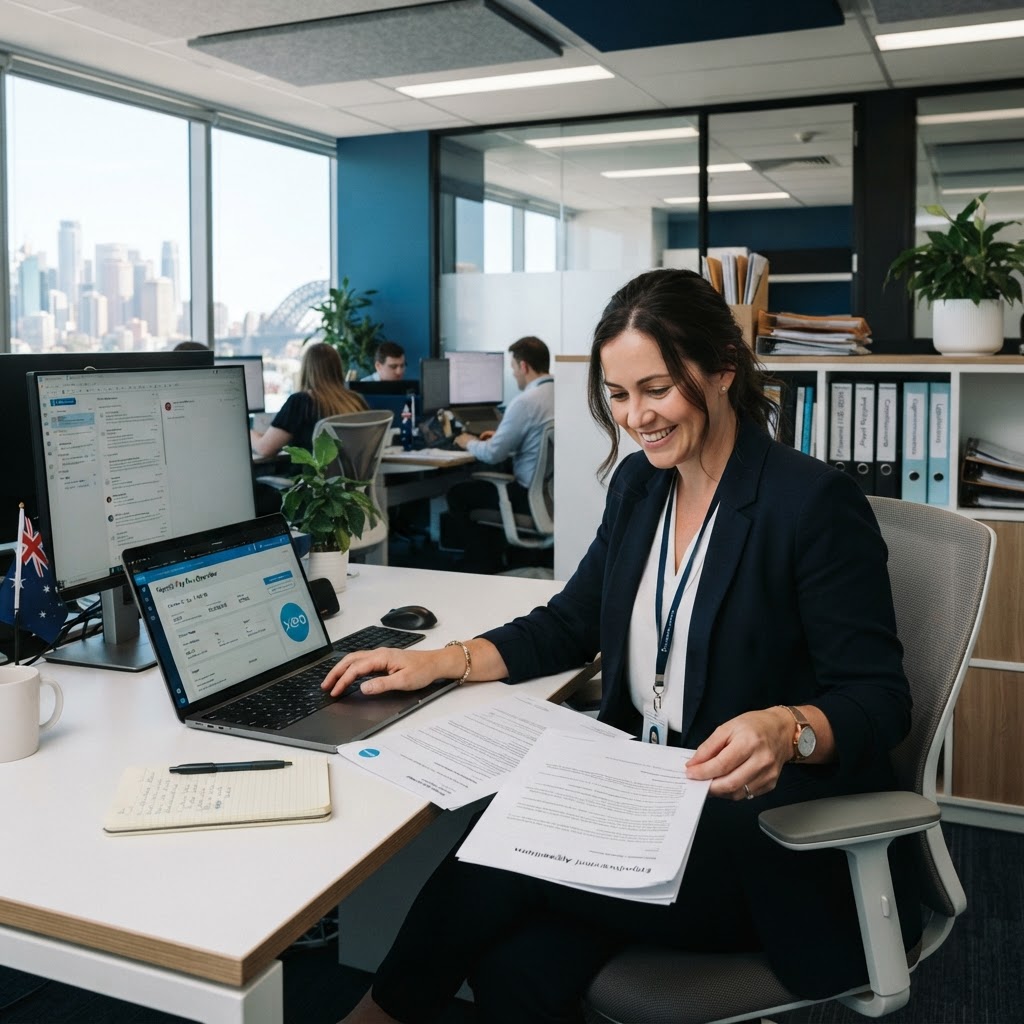 HR manager reviewing superannuation payment timing on payroll software in modern Australian office