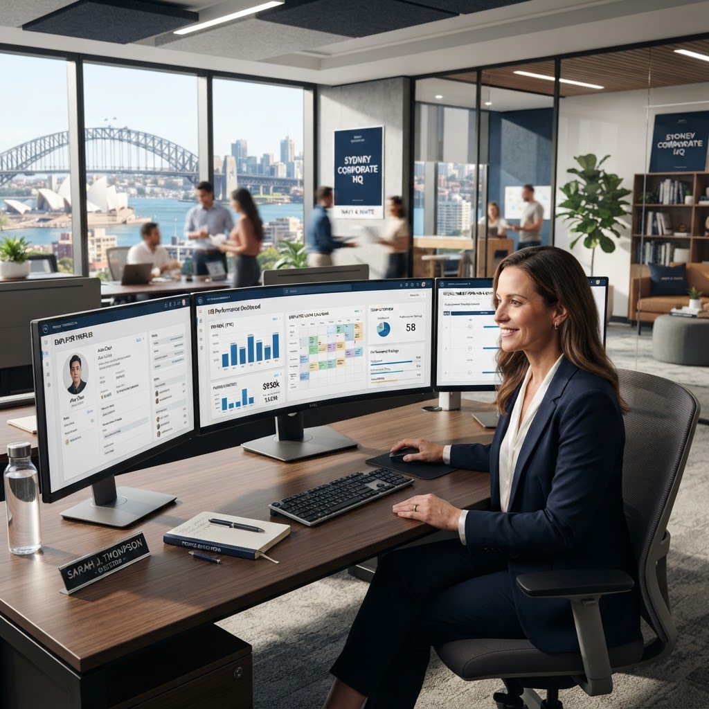 Australian employer reviewing HR software dashboards on multiple screens in a modern Sydney office