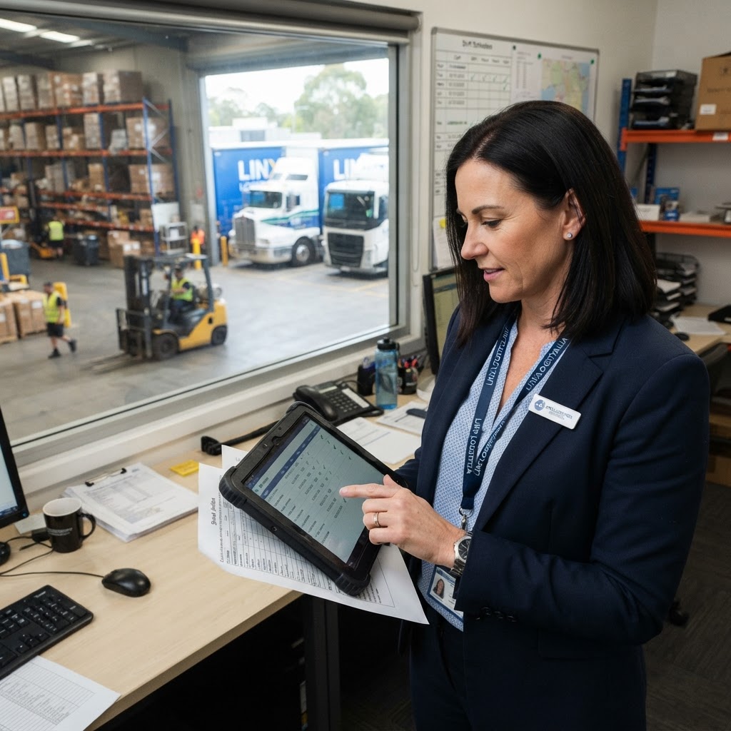 Australian transport and logistics depot manager reviewing driver compliance documents