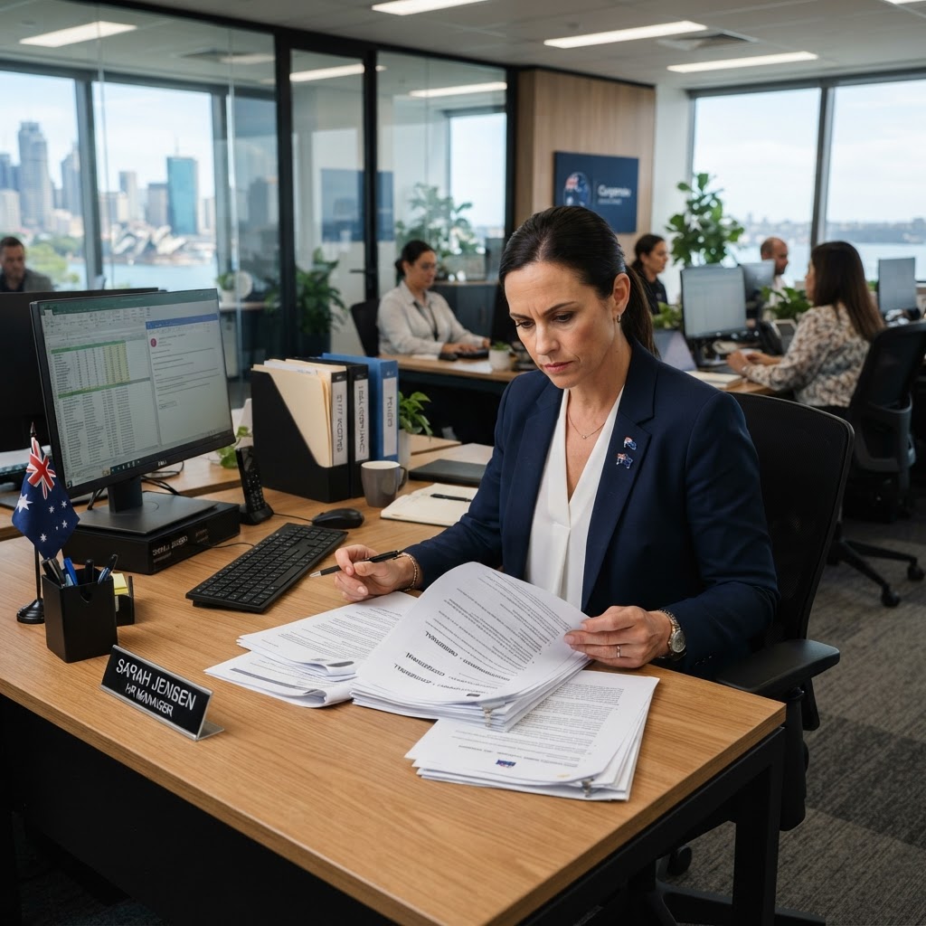 Employer HR manager reviewing employment documents and legal papers at desk