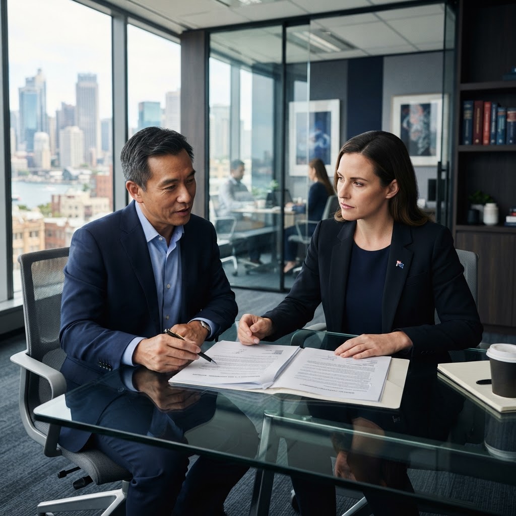 Australian HR manager and employment lawyer reviewing an unfair dismissal case in an office