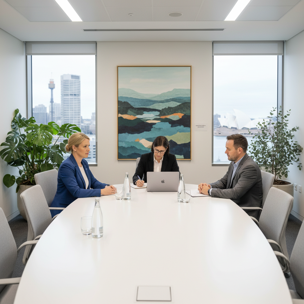 Professional HR investigation meeting in Australian corporate office – employer conducting fair workplace bullying investigation with documented procedures and compliance procedures.