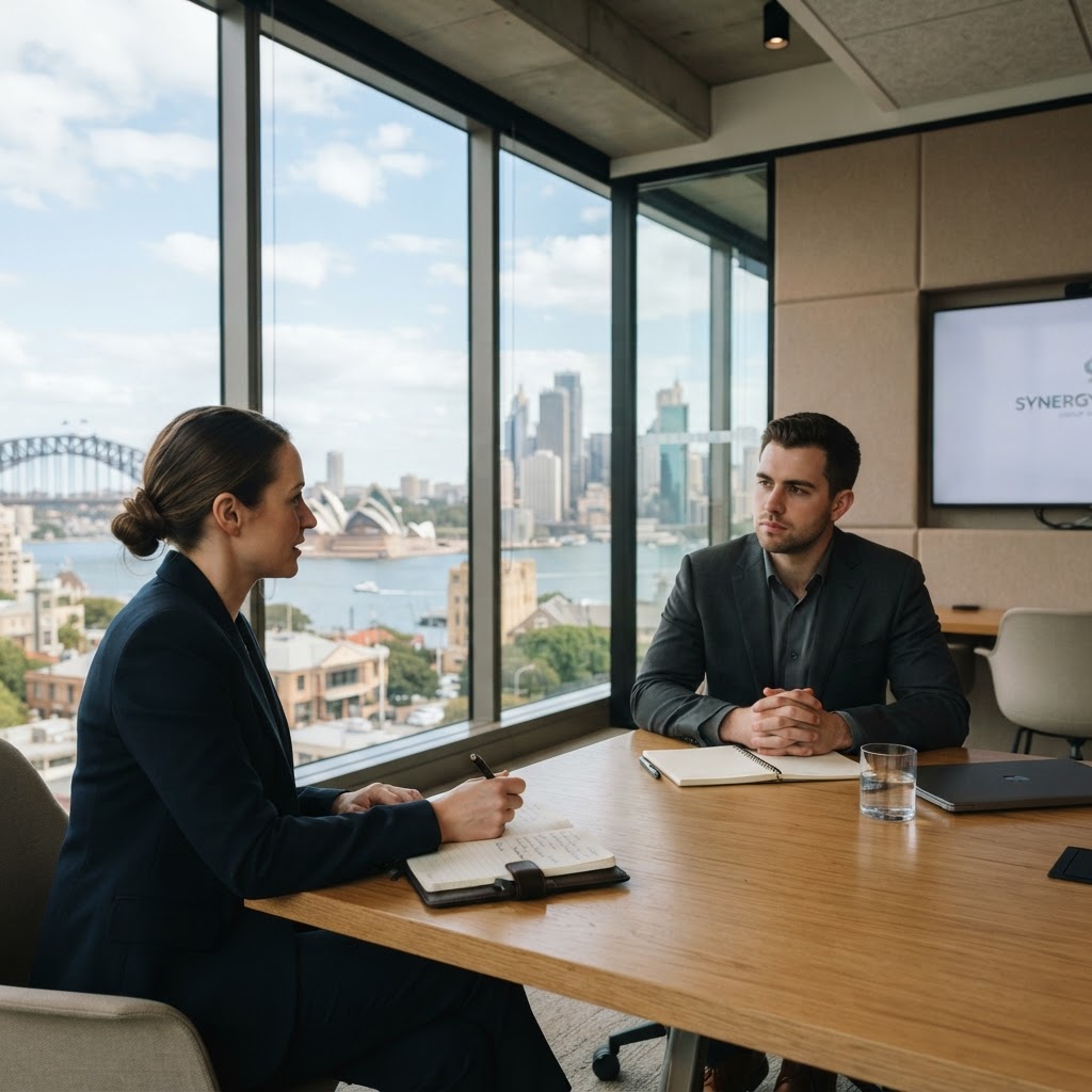 Professional HR manager and employee meeting in corporate office - workplace investigation discussion