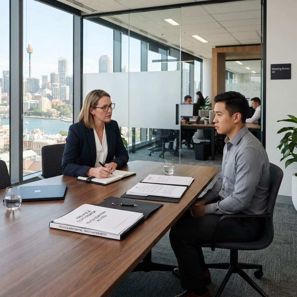 Professional workplace investigation meeting between HR manager and employee in Australian corporate office
