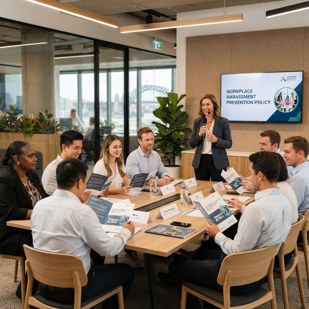 Professional Australian HR manager conducting workplace sexual harassment prevention training with diverse employees reviewing policy documents