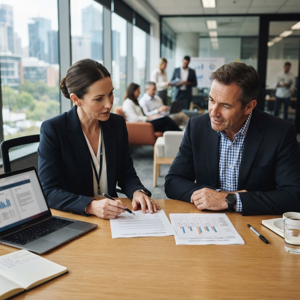 HR manager reviewing an abandonment of employment letter with a business owner in an Australian office