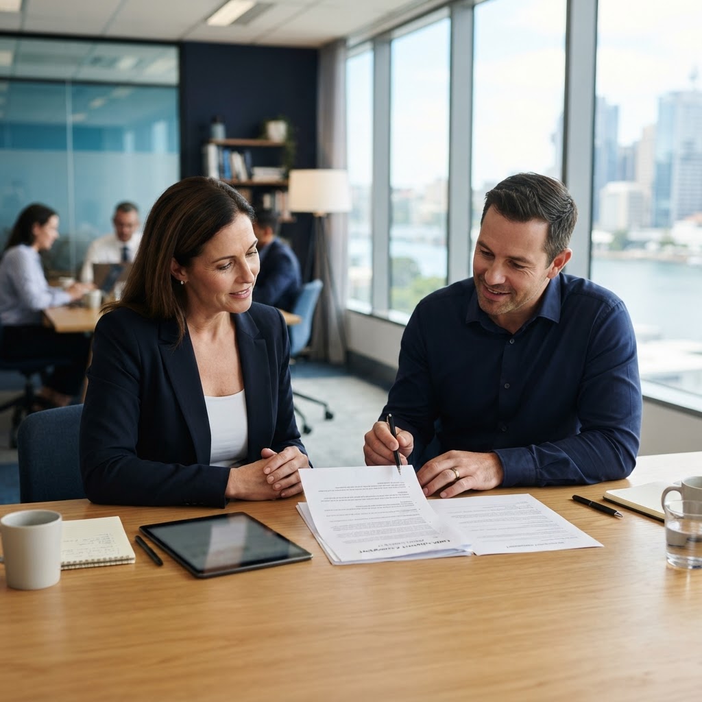 Employer and HR manager reviewing an employee notice period in an Australian employment contract