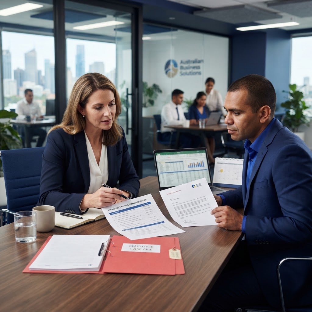 Employer reviewing job abandonment and employee absence records in an Australian office