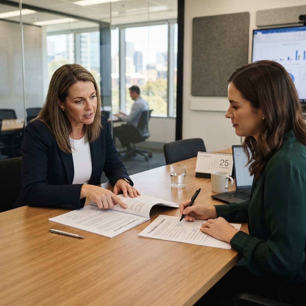 Employer and HR manager reviewing a probation period employment contract and performance checklist in an Australian office