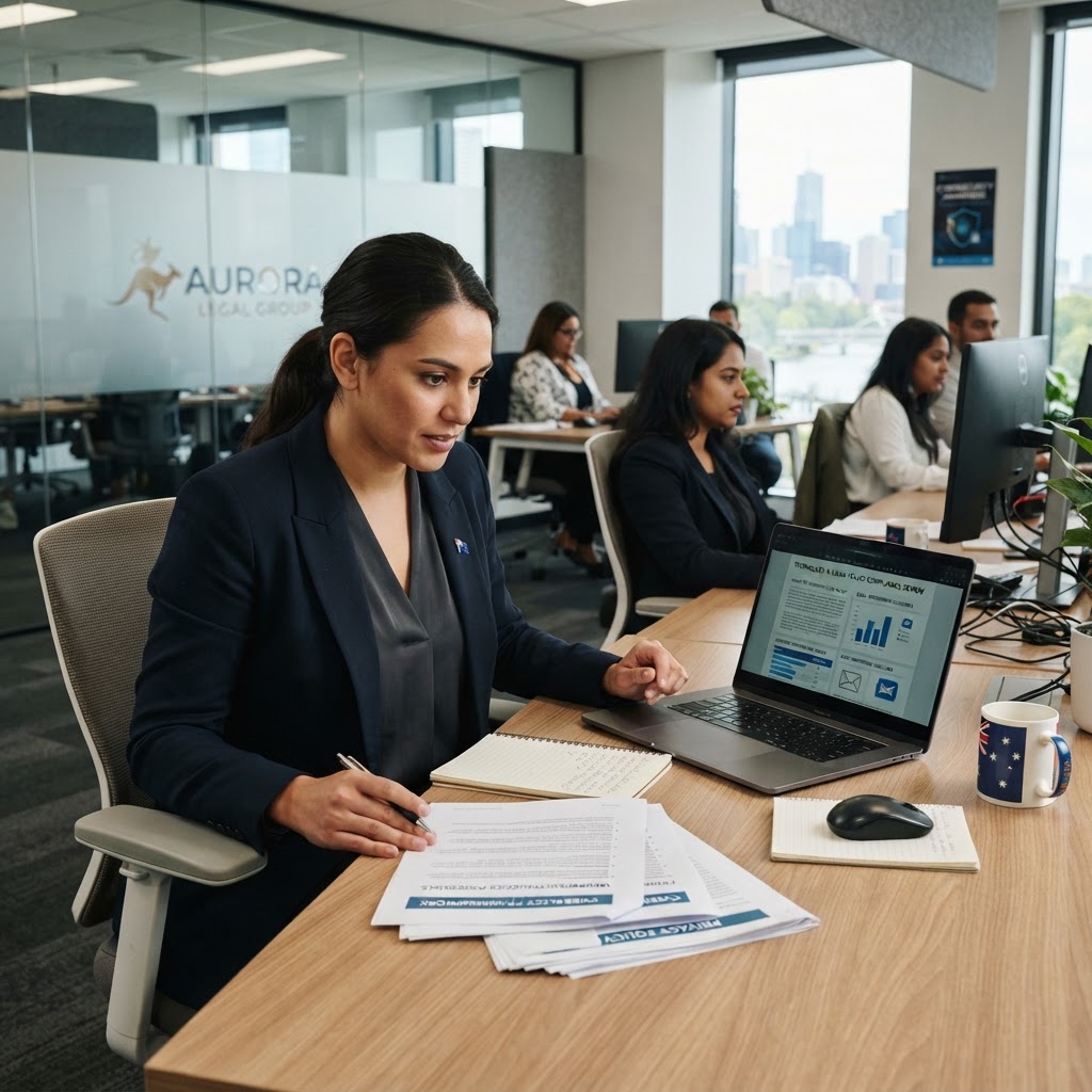 HR manager reviewing an employee email and internet monitoring policy in an Australian office