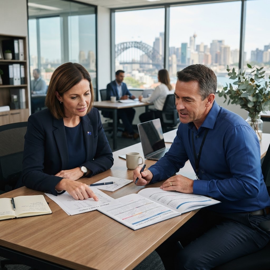 Employer reviewing an annual leave request in Australia with an HR manager