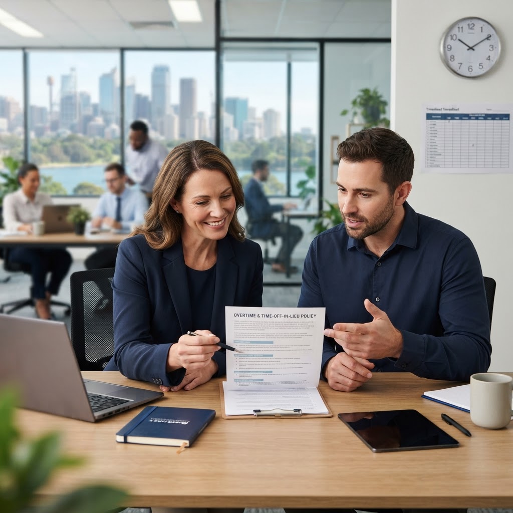 Employer reviewing an overtime and time off in lieu policy with an HR manager
