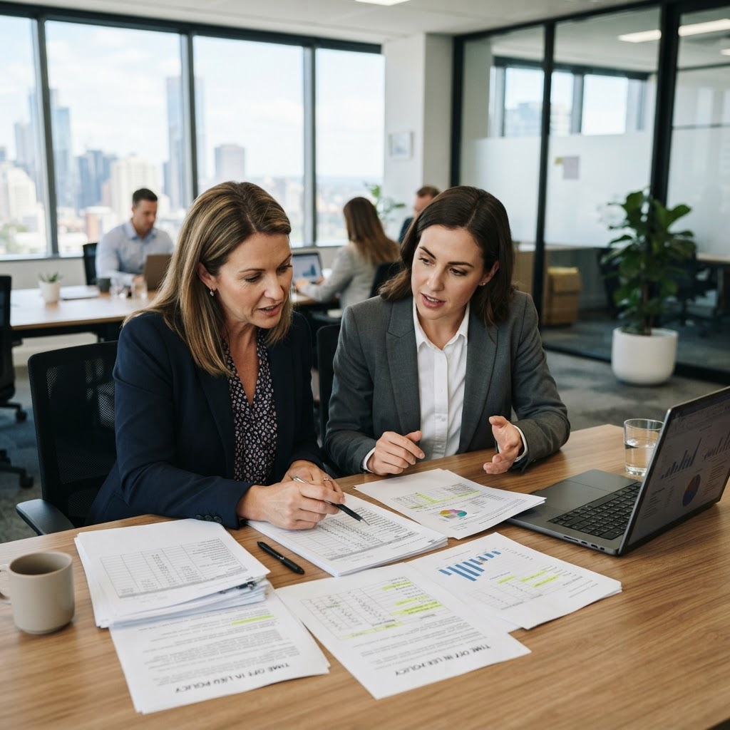Employer and HR manager reviewing a time off in lieu policy and overtime records