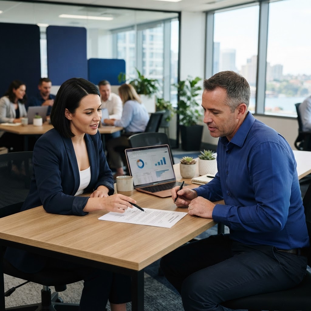 Employer reviewing a contractor agreement template Australia with an adviser