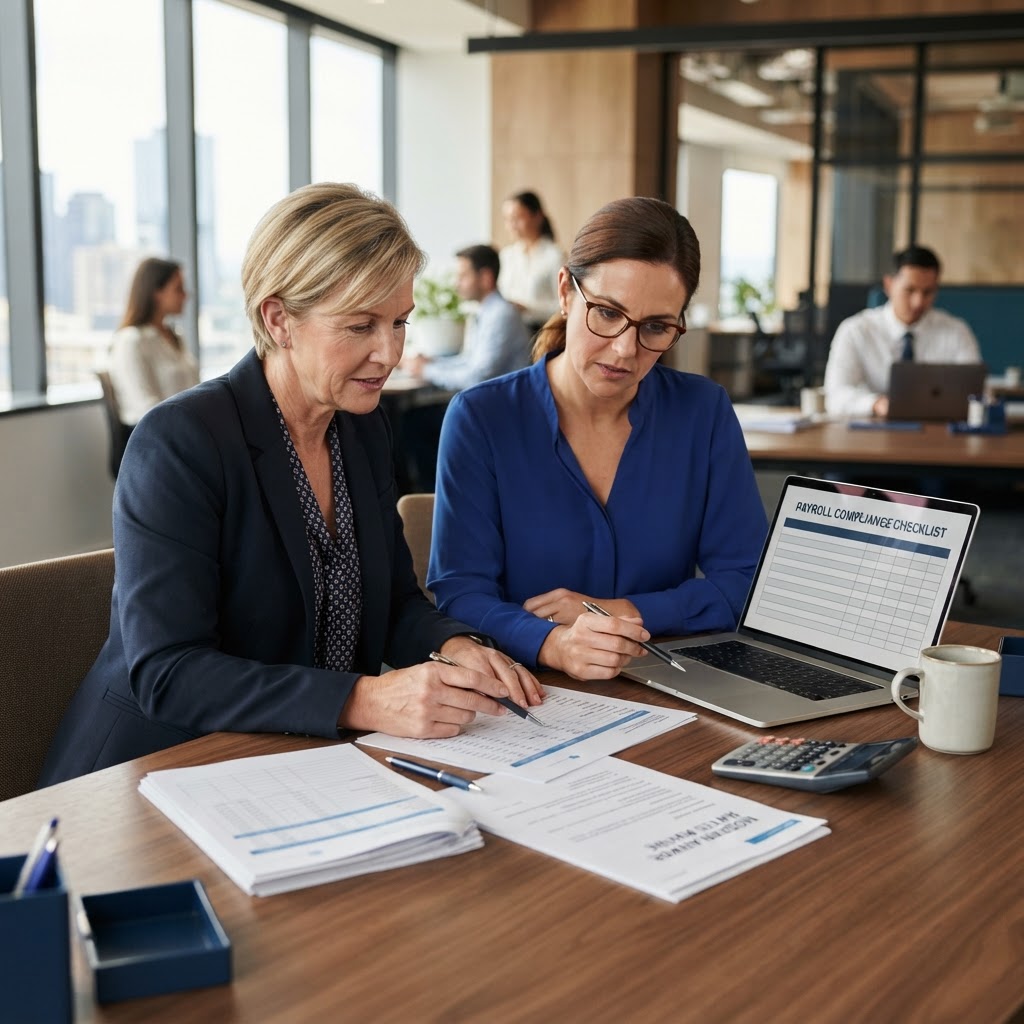Employer and payroll manager reviewing award rates and payroll compliance documents