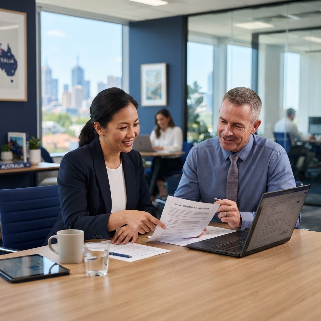 Employer reviewing an employment contract variation letter template Australia with HR paperwork