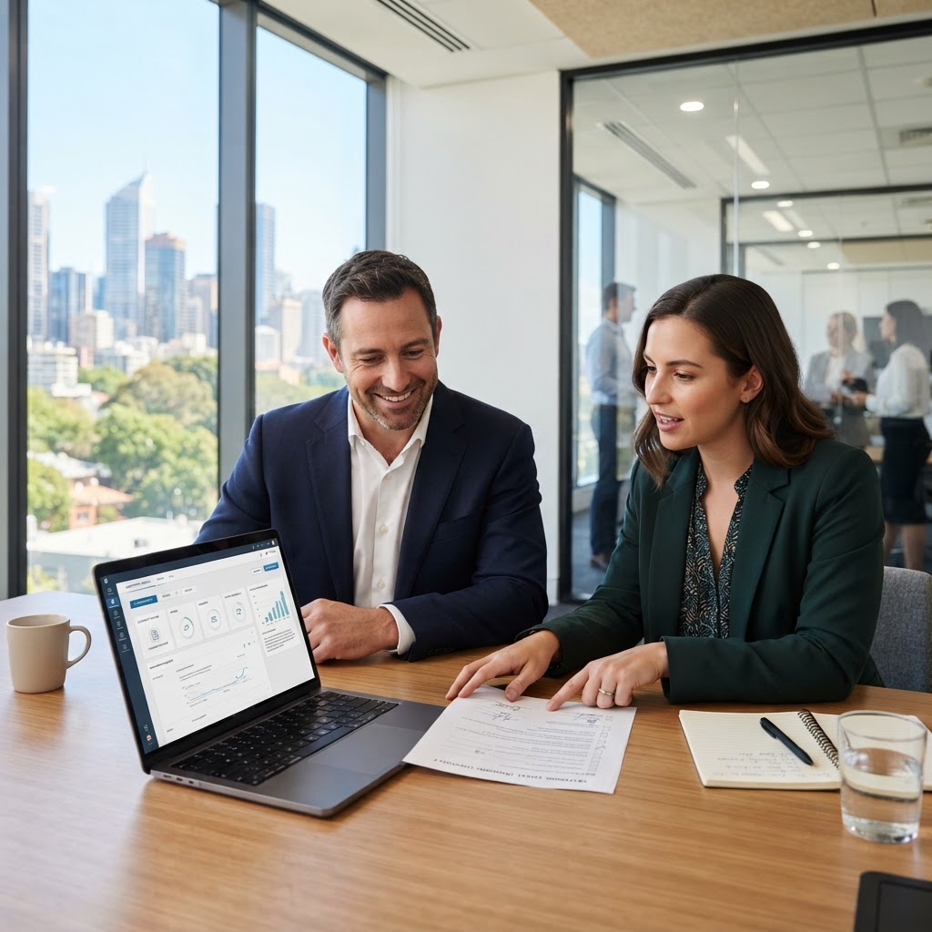 Employer and HR manager reviewing an enterprise agreement digital copy approval checklist