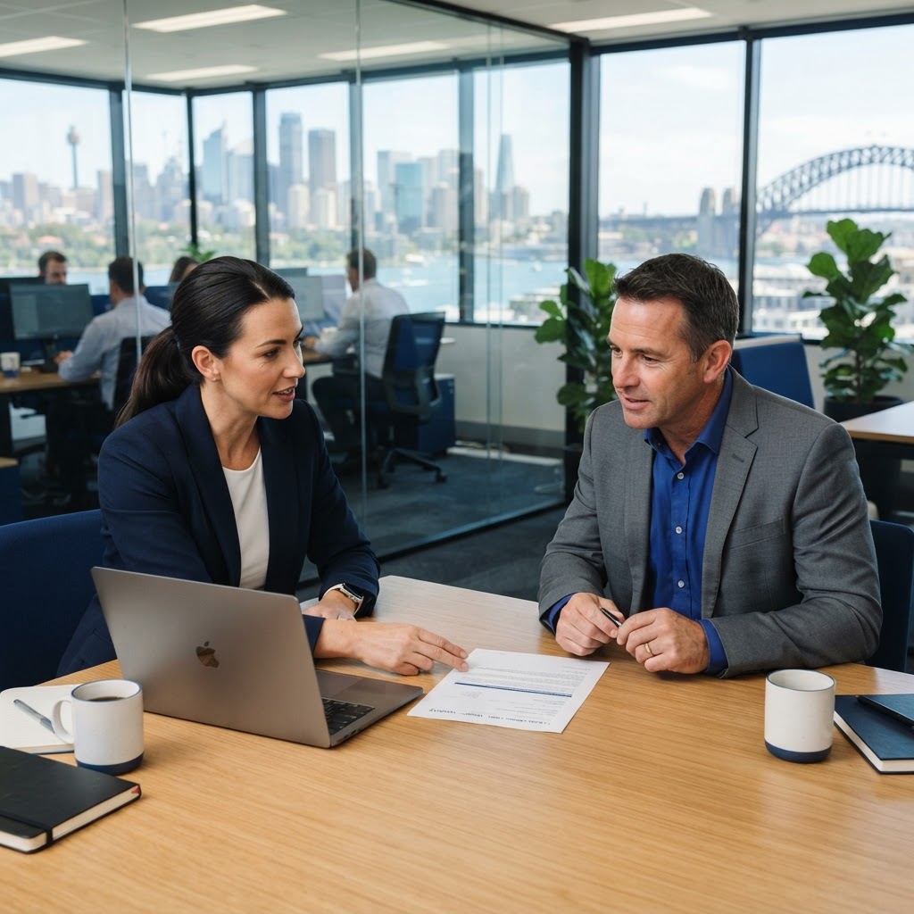 Employer and HR manager reviewing a flexible work request response template in an Australian office