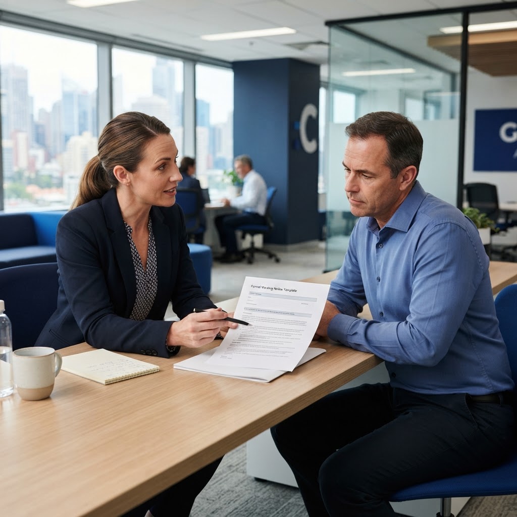 Formal employee warning notice template being reviewed by an Australian employer and HR manager