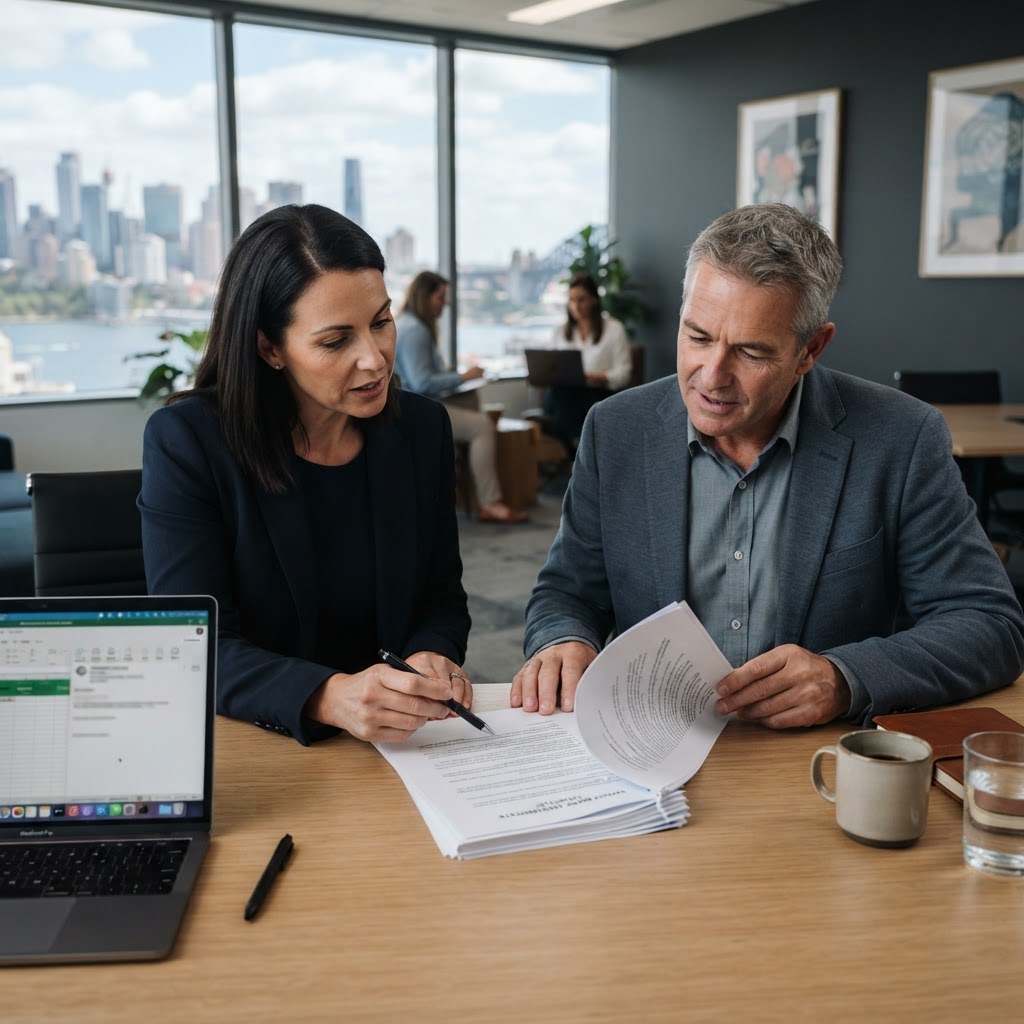 HR manager reviewing a full-time employment agreement template Australia with a business owner