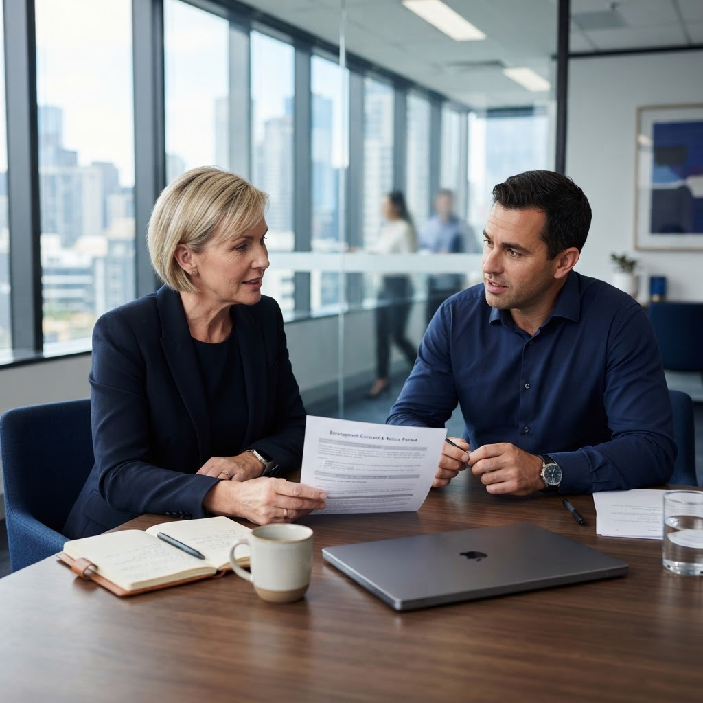 Australian employer and HR manager reviewing gardening leave and employment contract documents