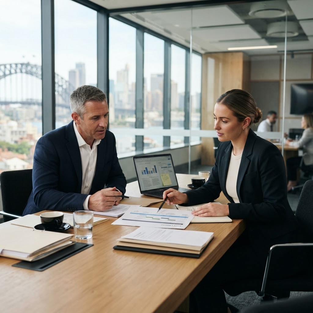 Employer and HR manager reviewing an unfair dismissal case timeline at an Australian office