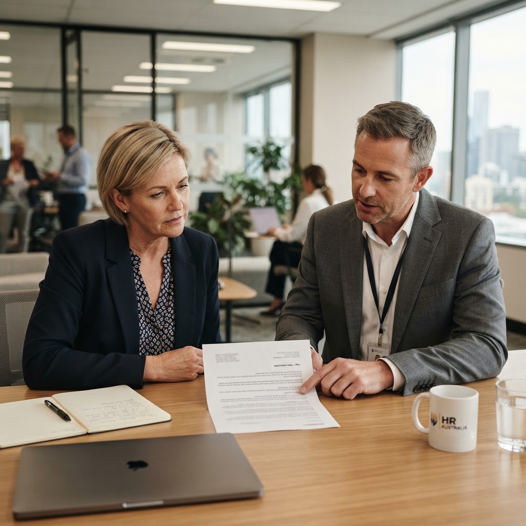 Australian employer and HR manager reviewing a warning letter to an employee