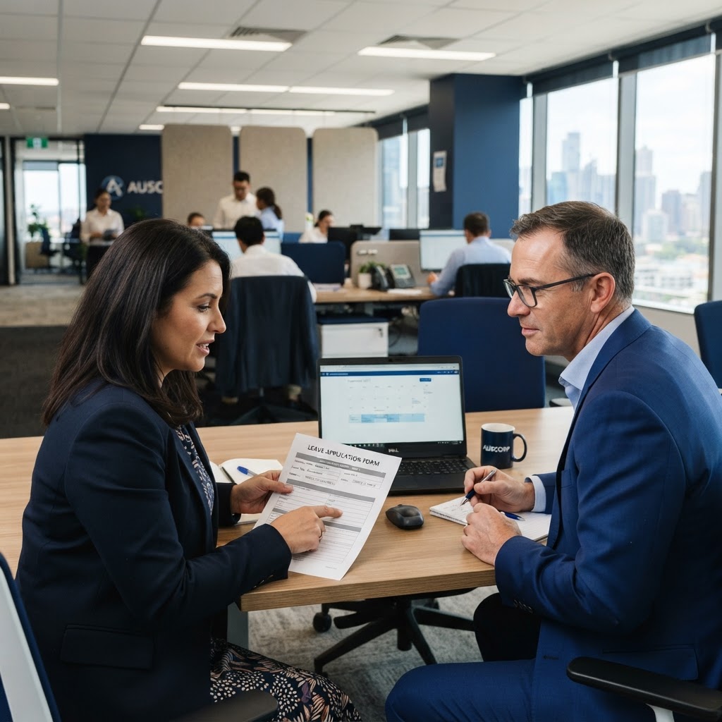 Leave application form template Australia employers reviewing annual leave dates in an office