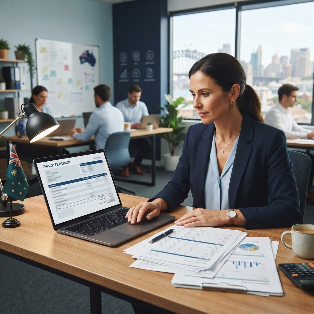 Employer reviewing a pay slip template Australia payroll checklist in an office