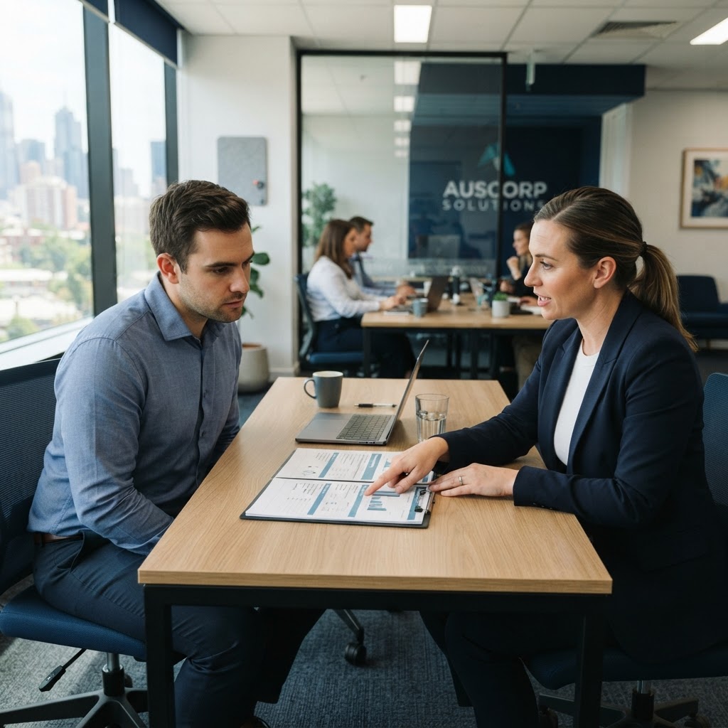 Performance improvement plan template Australia - employer and employee reviewing PIP document