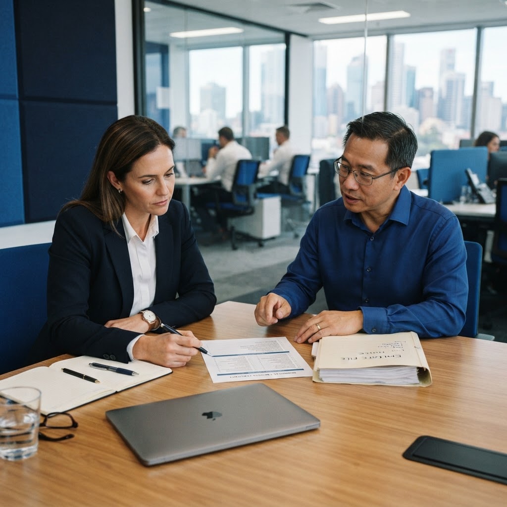 Employer and HR manager reviewing a procedural fairness dismissal checklist in an Australian office