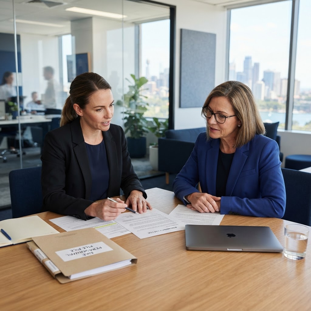 Redundancy letter template Australia employer reviewing a compliant redundancy letter in an Australian office