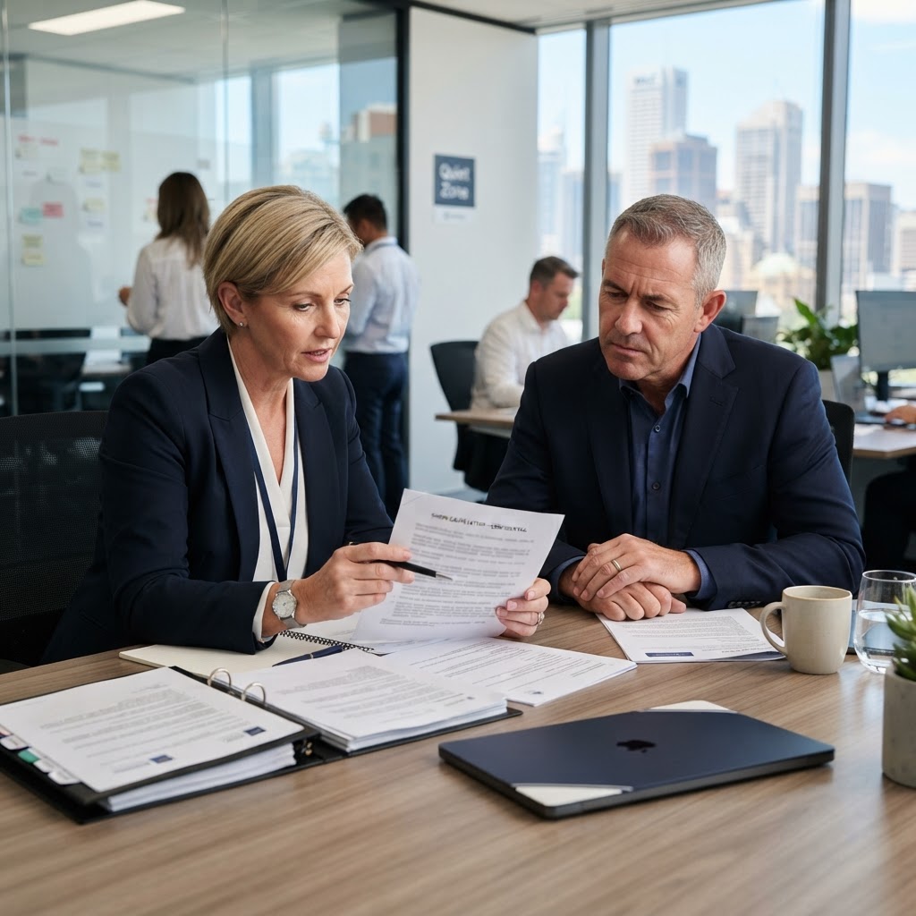 HR manager reviewing a show cause letter template Australia with a business owner
