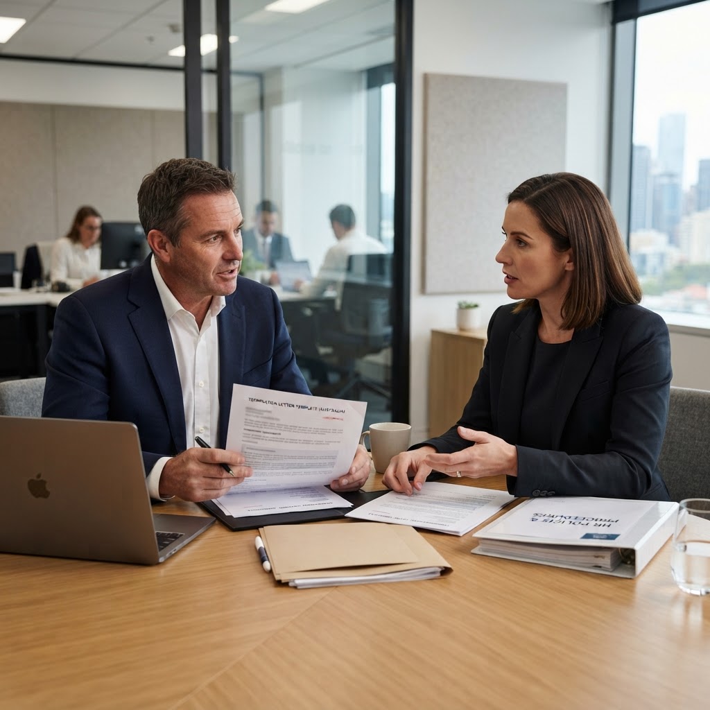 Employer and HR manager reviewing a termination letter template Australia employers can use