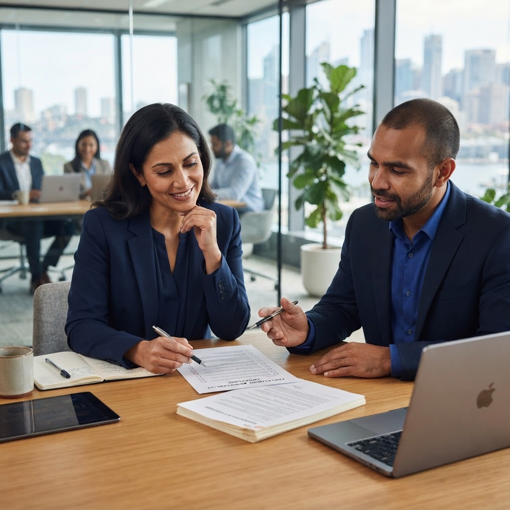 Employer reviewing an employment contract checklist in an Australian office