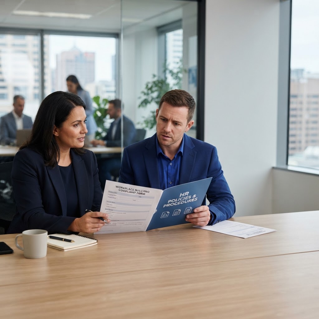 HR manager reviewing a workplace bullying complaint form template with a business owner