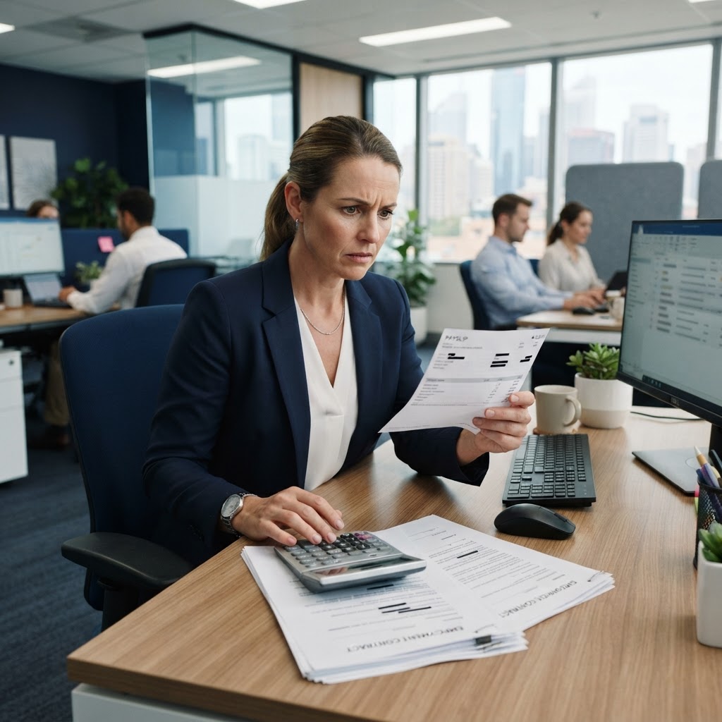 Australian employer reviewing payslip and wage deduction rules with employment contract documents on desk