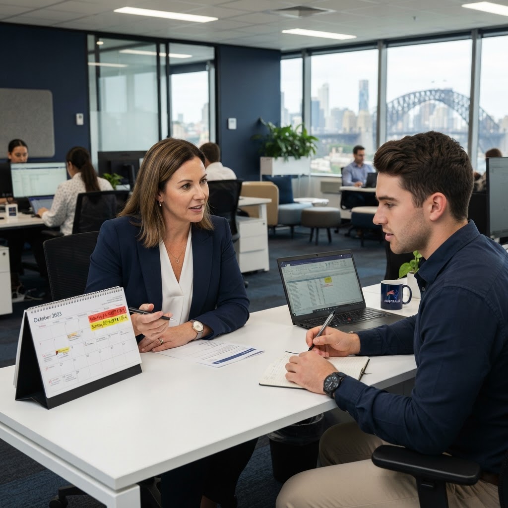Employer discussing weekend work schedules with an employee in an Australian office