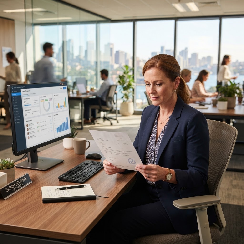 HR manager reviewing a medical certificate for sick leave at an Australian office desk