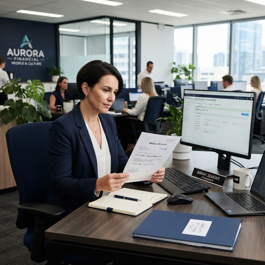 Employer reviewing medical certificate for sick leave in Australian office