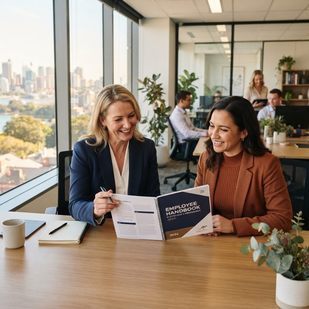 Australian employer using an employee handbook template at their desk