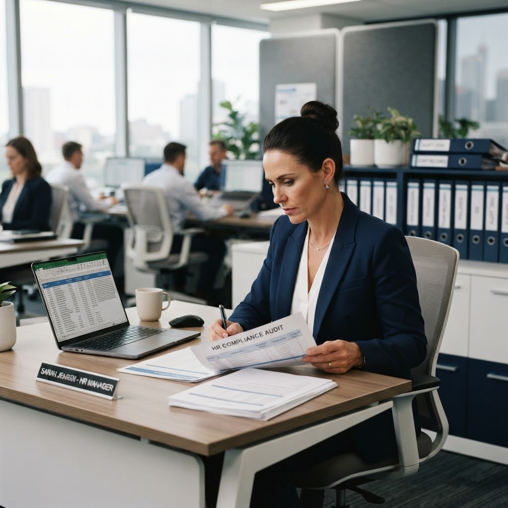 HR manager reviewing Fair Work Ombudsman record keeping audit compliance documents in Australian office