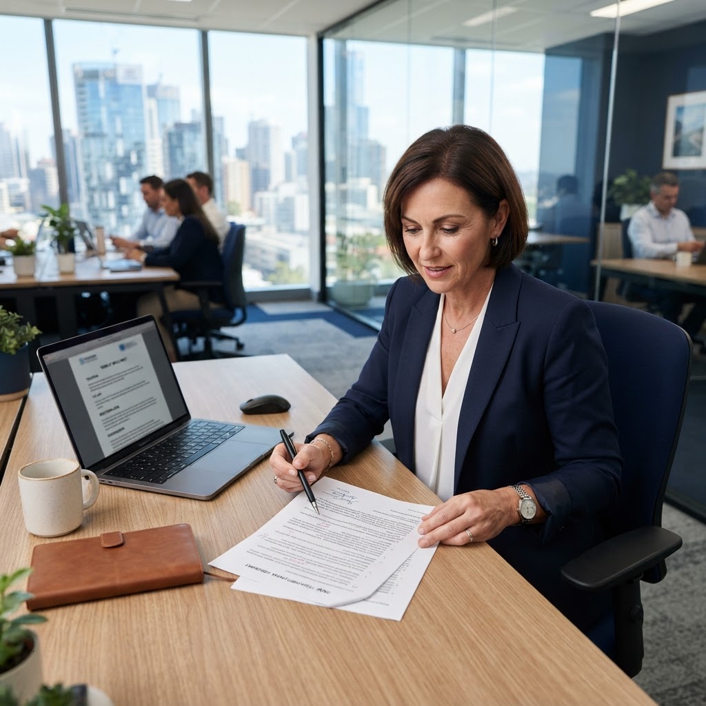 Fixed-term employment contract template Australia on a desk in an office