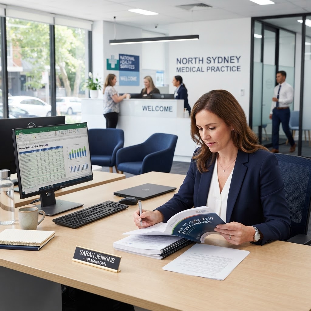 Health Services Award pay rates 2026 employer compliance guide showing HR manager reviewing payroll documents in Australian medical practice