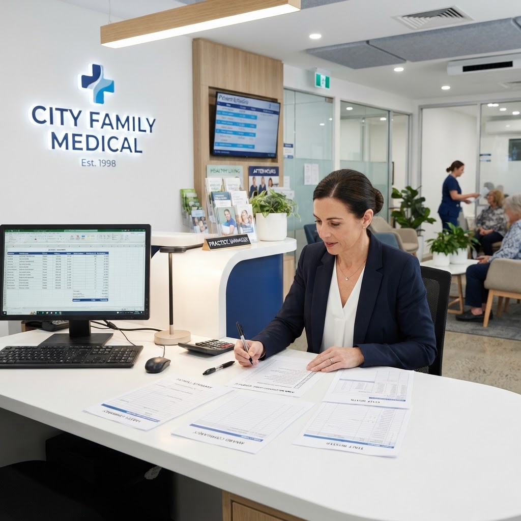Healthcare practice manager reviewing MA000027 award pay rates and payroll compliance documents at a medical clinic reception desk
